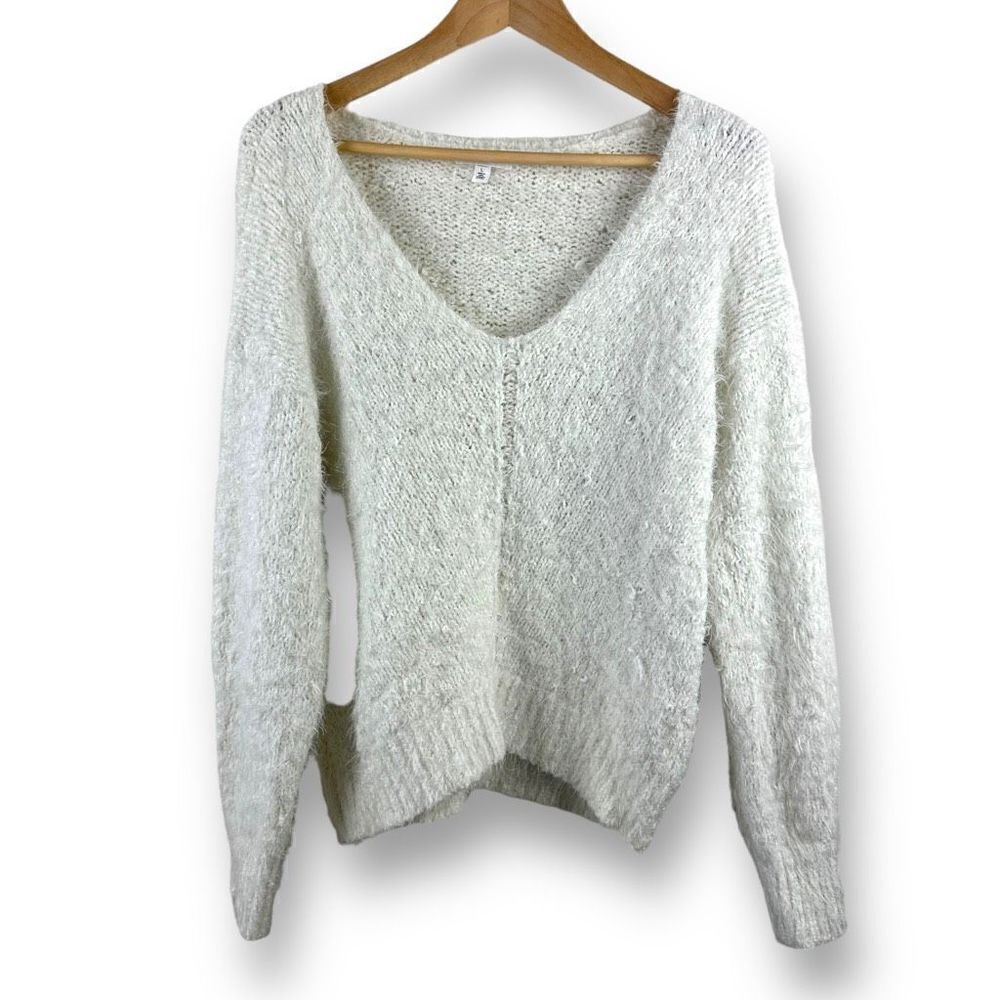 BP.‎ Womens Ivory Eyelash Knit V-Neck Fuzzy Sweater Large